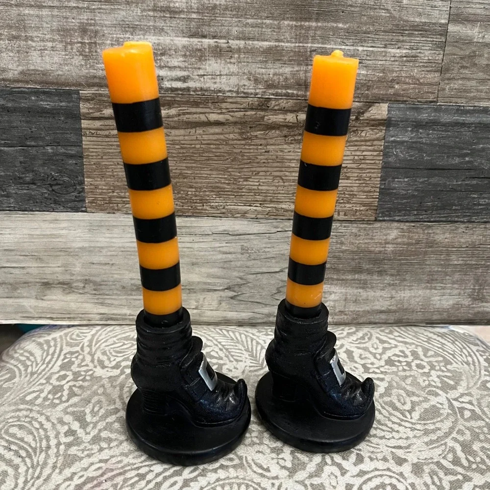 Halloween Witch Leg Taper Candles Orange Black Striped Boot Base Set of 2